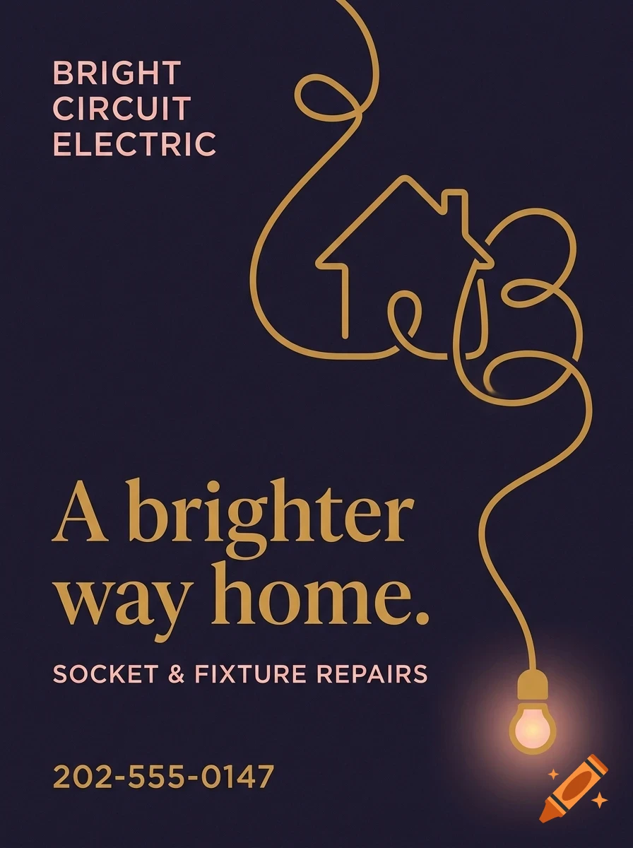 An ad for Bright Circuit Electric with a glowing light bulb and house line art, reading 'A brighter way home' and '202-555-0147'.