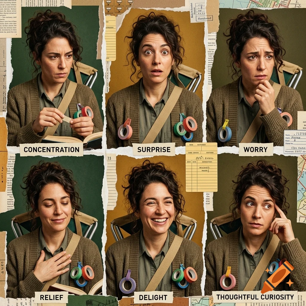 A collage showing six panels of the same woman displaying different emotions: concentration, surprise, worry, relief, delight, and thoughtful curiosity.