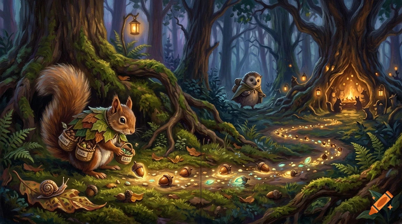 An illustration of a magical forest scene with a squirrel carrying baskets, a hedgehog, and a glowing path leading to a tree hollow with a fire.