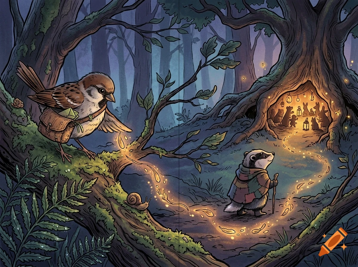 An illustrated woodland scene at dusk featuring a sparrow with a mailbag on a tree branch, a snail on the bark, and a badger walking along a glowing path toward a hollow tree filled with small animals.
