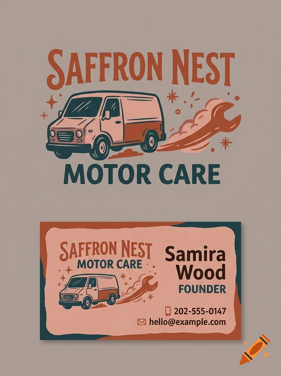 A logo and business card for Saffron Nest Motor Care featuring a vintage van, a wrench, and lettering.