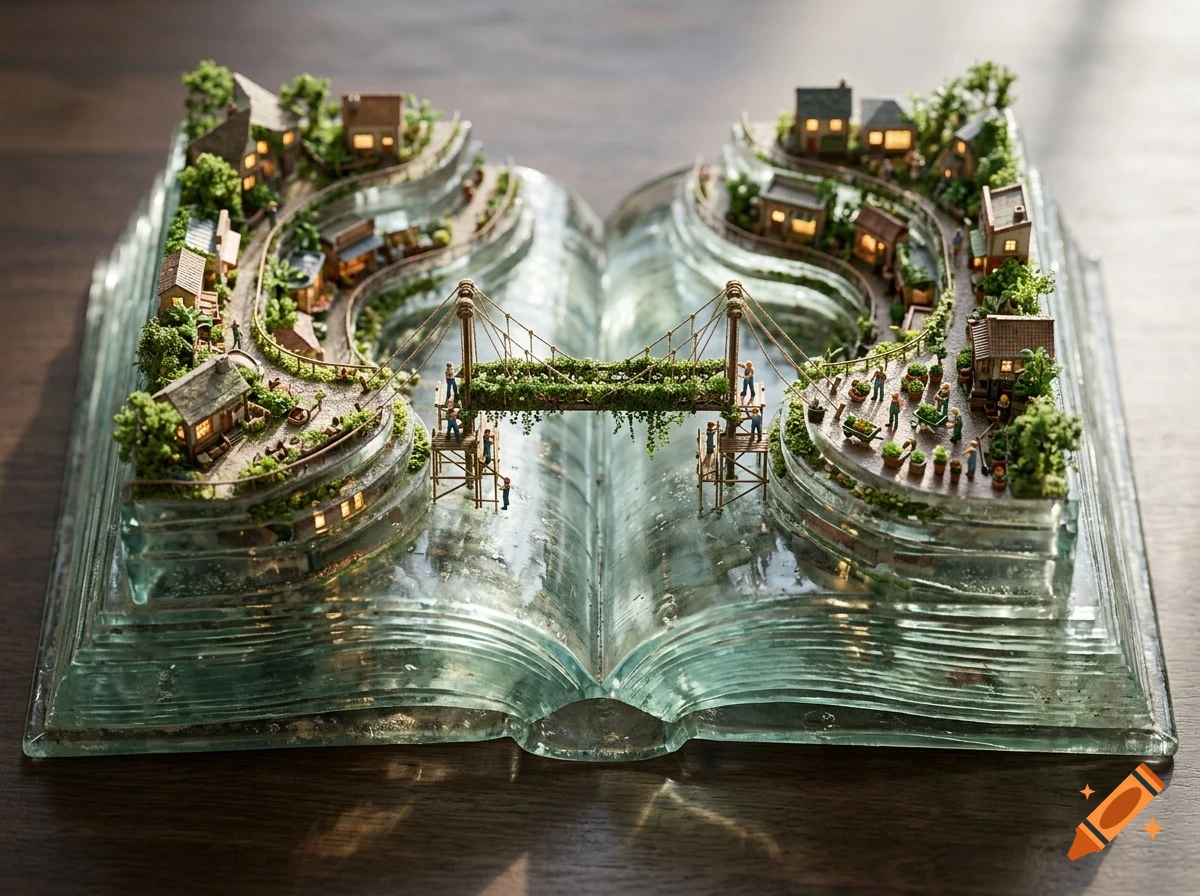 A miniature village with tiny houses and figures built into the pages of an open glass book, connected by a small suspension bridge.