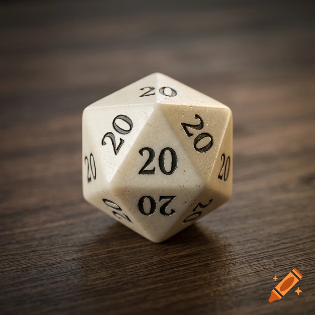 Close-up photorealistic shot of an aged 20-sided die with the number 20 on each visible face, resting on a wooden surface.