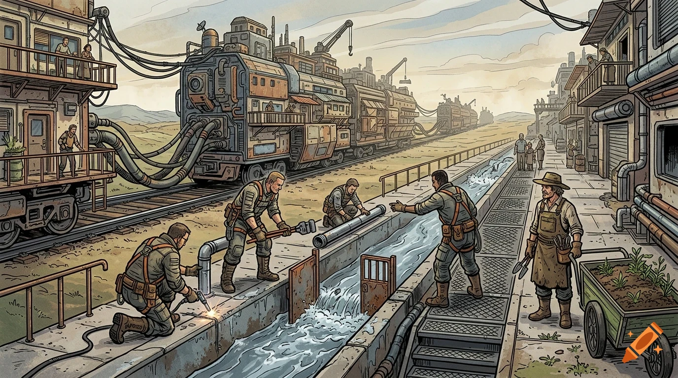 An illustrative industrial scene with workers maintaining pipes and a flowing canal next to a train and buildings.