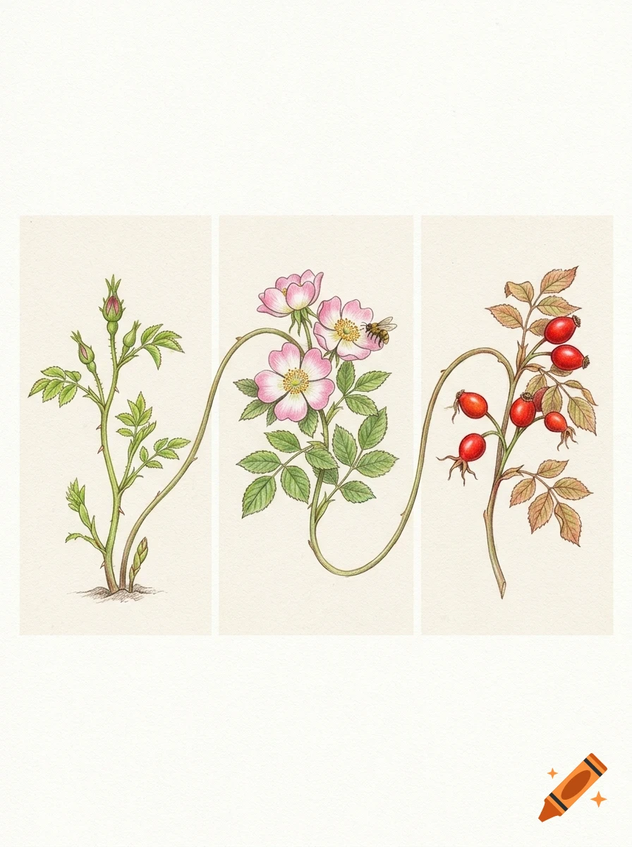Botanical illustration of a rose plant showing buds, blooming pink flowers with a bee, and red rosehips across three vertical panels connected by a winding stem.
