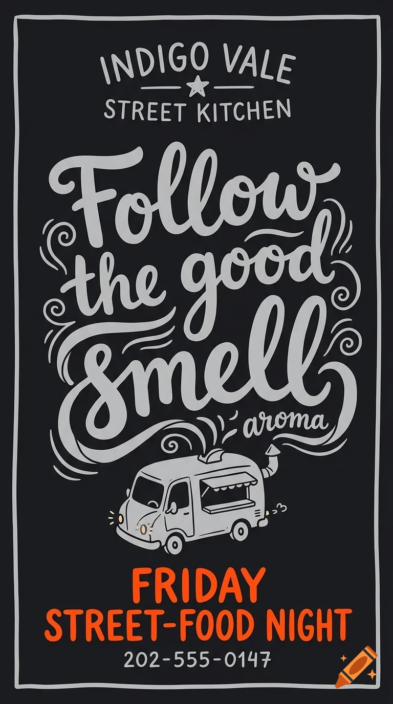 An illustration of a food truck poster with lettering reading Indigo Vale Street Kitchen, Follow the good smell, and Friday street-food night.