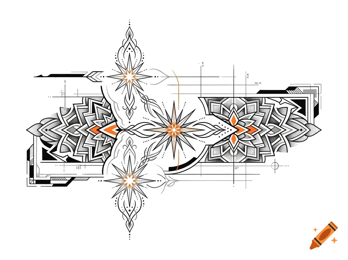 An intricate geometric and ornamental tattoo design featuring mandala-like patterns, starbursts, and drafting lines in black, grey, and orange.