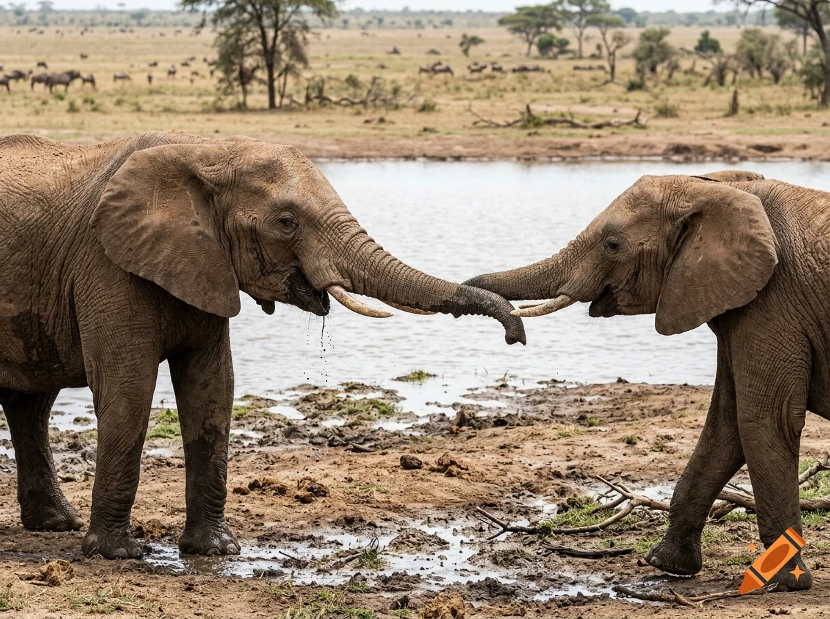 Two elephants standing by a watering hole touch trunks in a grassy savannah landscape.