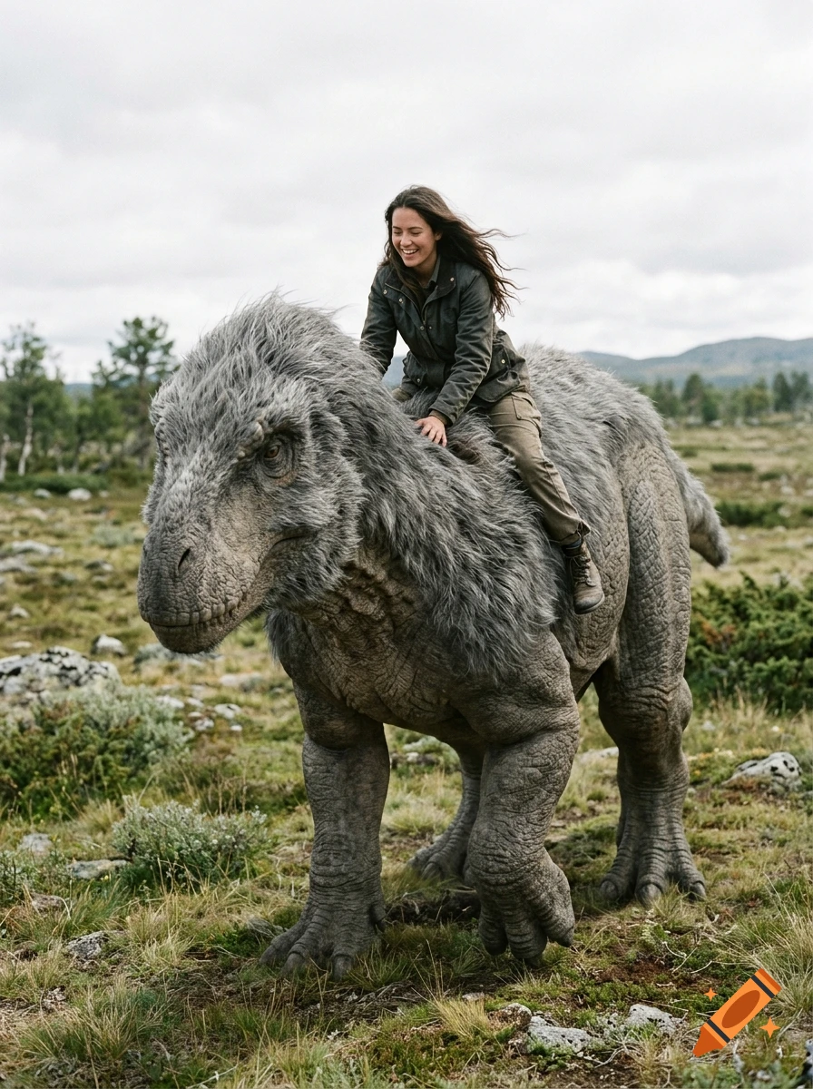 A smiling young woman riding on the back of a large, furry dinosaur in a natural landscape, photorealistic style.