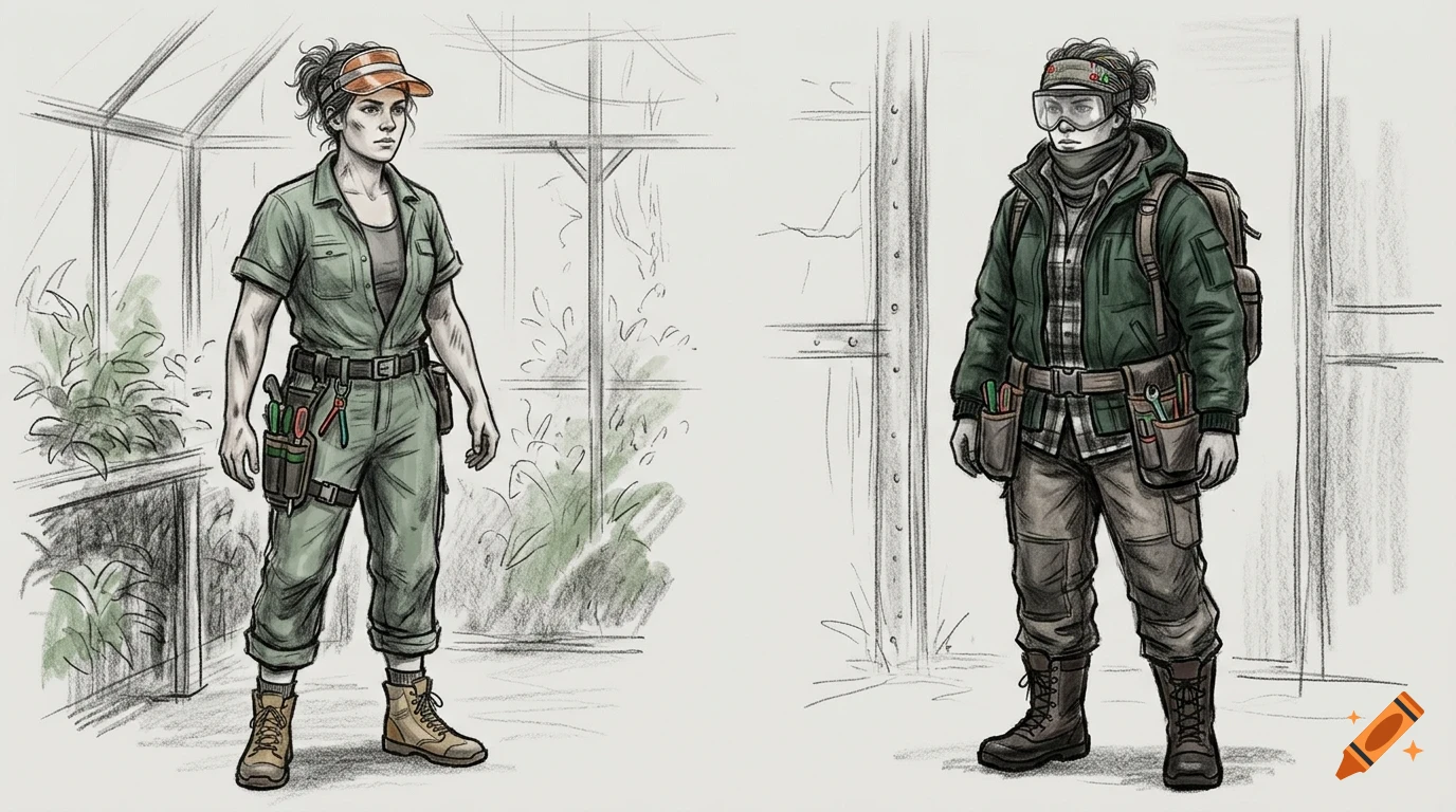 Two character design sketches of a person in practical work attire, featuring a greenhouse worker outfit and a heavy-duty cold-weather gear set.