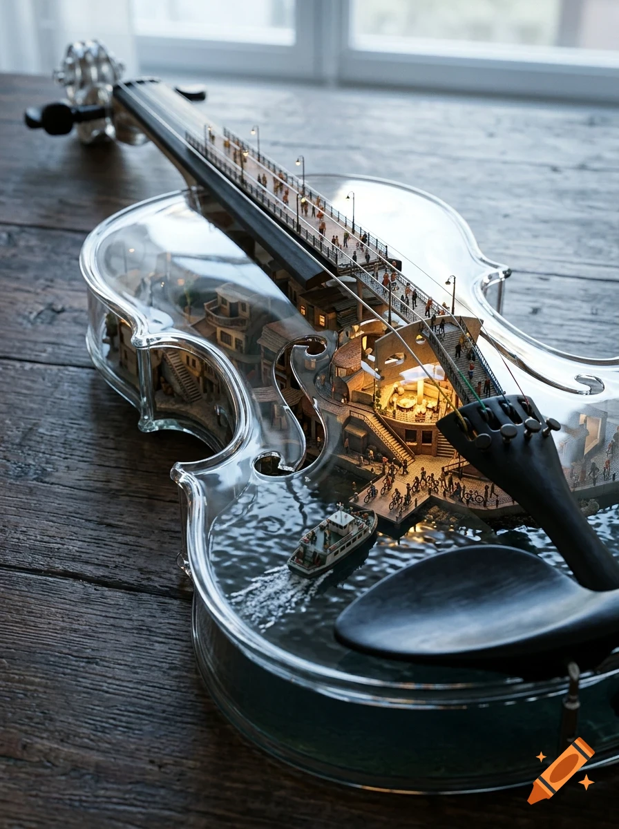 A miniature cityscape inside a transparent hollow violin, featuring a bridge, tiny buildings, people, and a boat navigating through water.