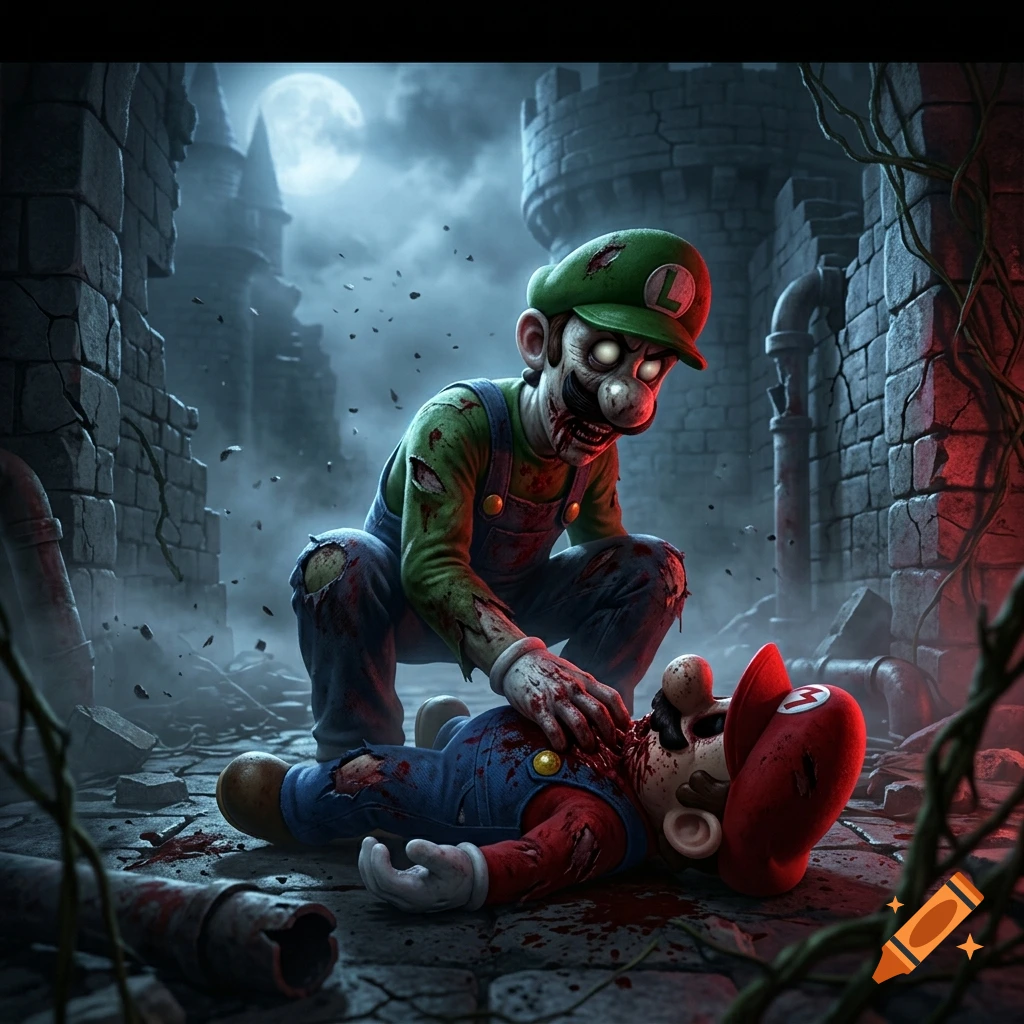 A dark, eerie fantasy dungeon where a zombie Luigi leans over a wounded, bleeding Mario, digital art style.