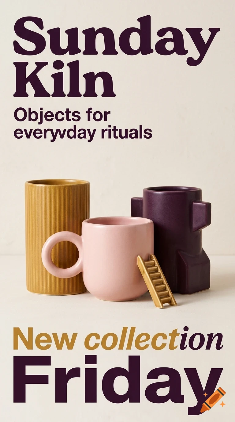 An advertisement displaying three ceramic mugs and text reading 'Sunday Kiln: Objects for everyday rituals. New collection Friday.'