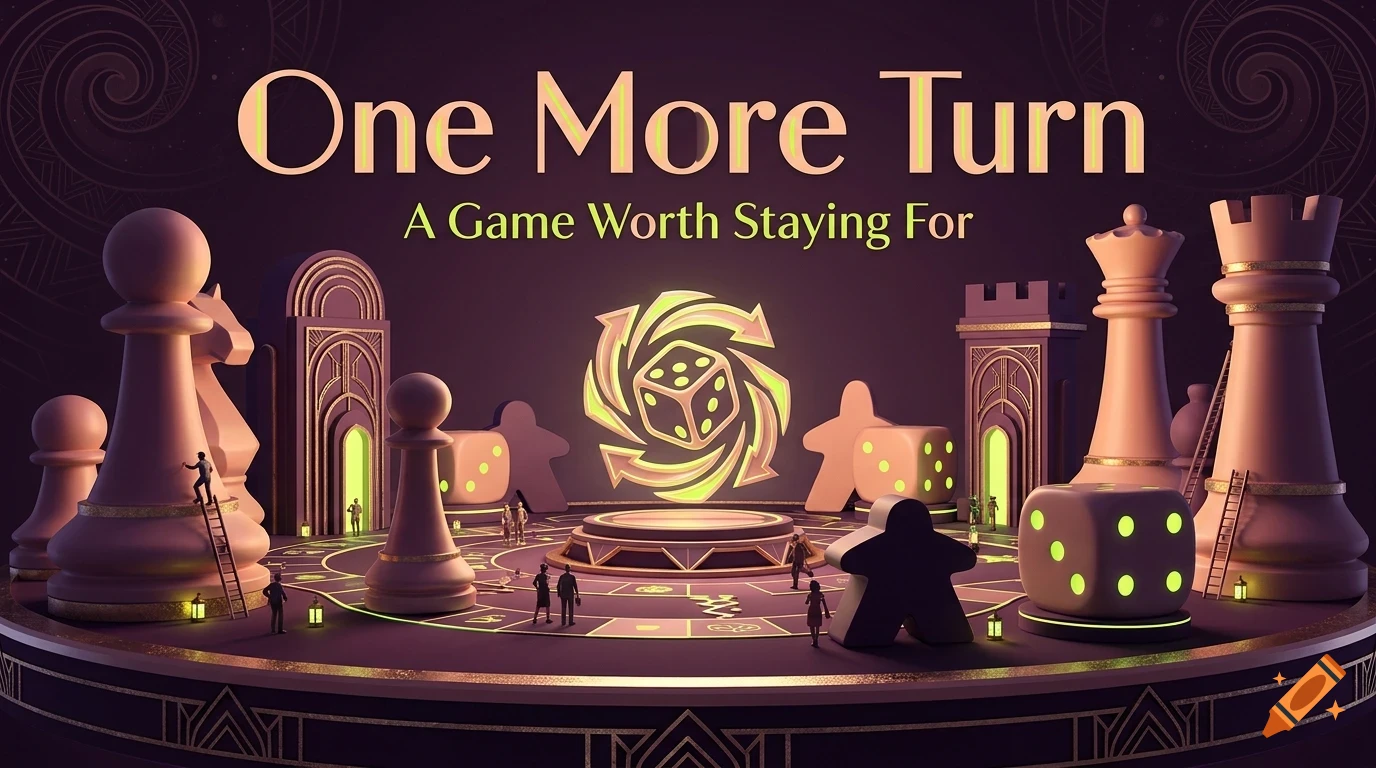 A 3D board game scene with oversized chess pieces, dice, and small figures under the title One More Turn.