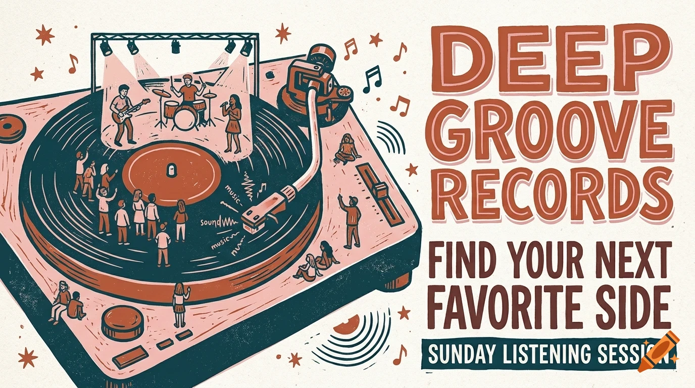 An illustration of a turntable playing a record where tiny people enjoy a live band performing on the vinyl, with the text Deep Groove Records.