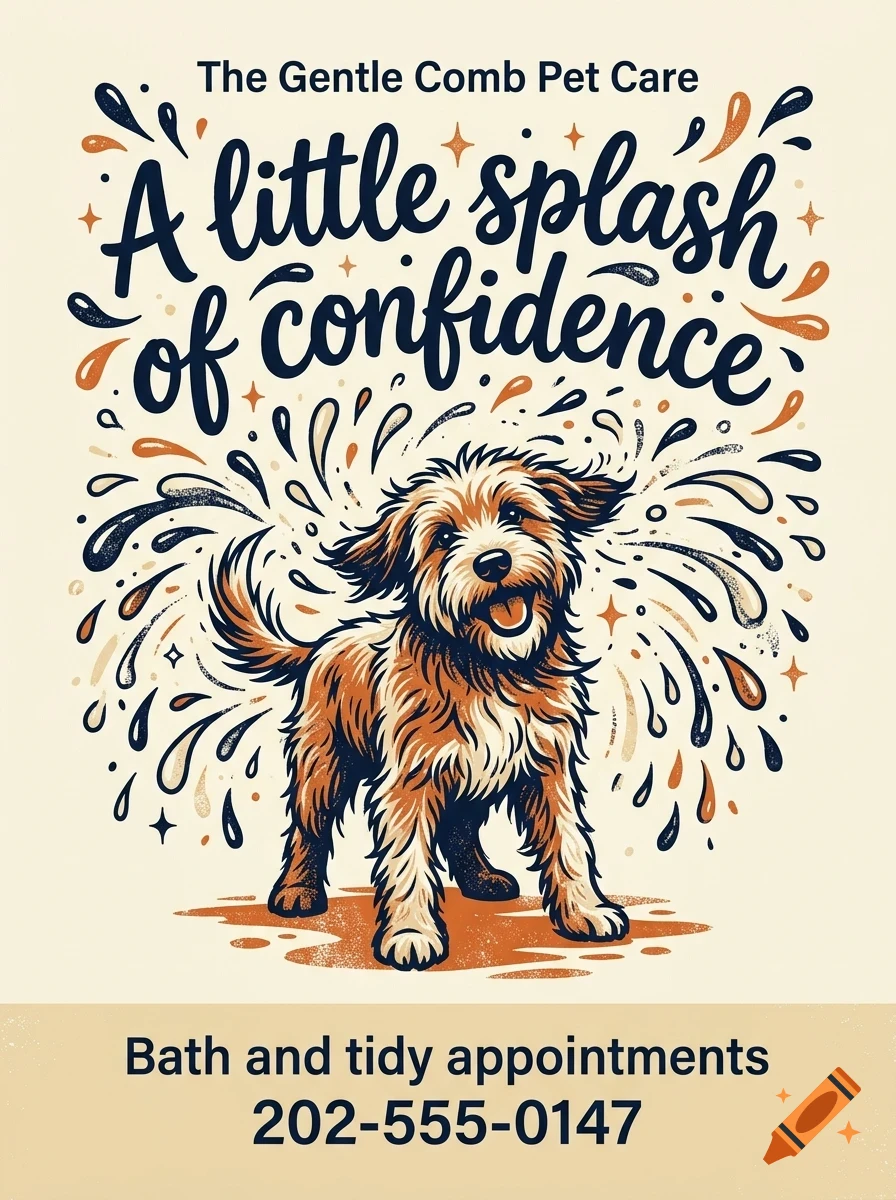 An illustrated poster featuring a fluffy dog shaking off water, surrounded by splashes and the text 'The Gentle Comb Pet Care' and 'A little splash of confidence'.