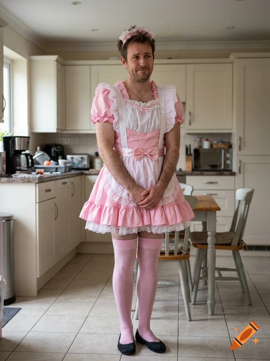 Photorealistic image of a man standing in a kitchen, wearing a frilly pink maid outfit and thigh-high socks.