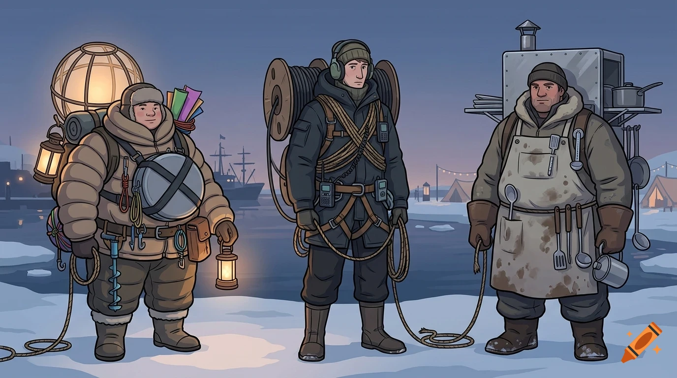 Three people in heavy winter gear standing outdoors in a snowy polar landscape with ships and tents in the background.
