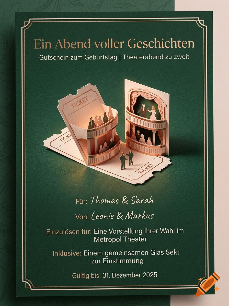A theater gift voucher featuring a 3D pop-up design of a theater stage and ticket stub on a dark green background with German text.
