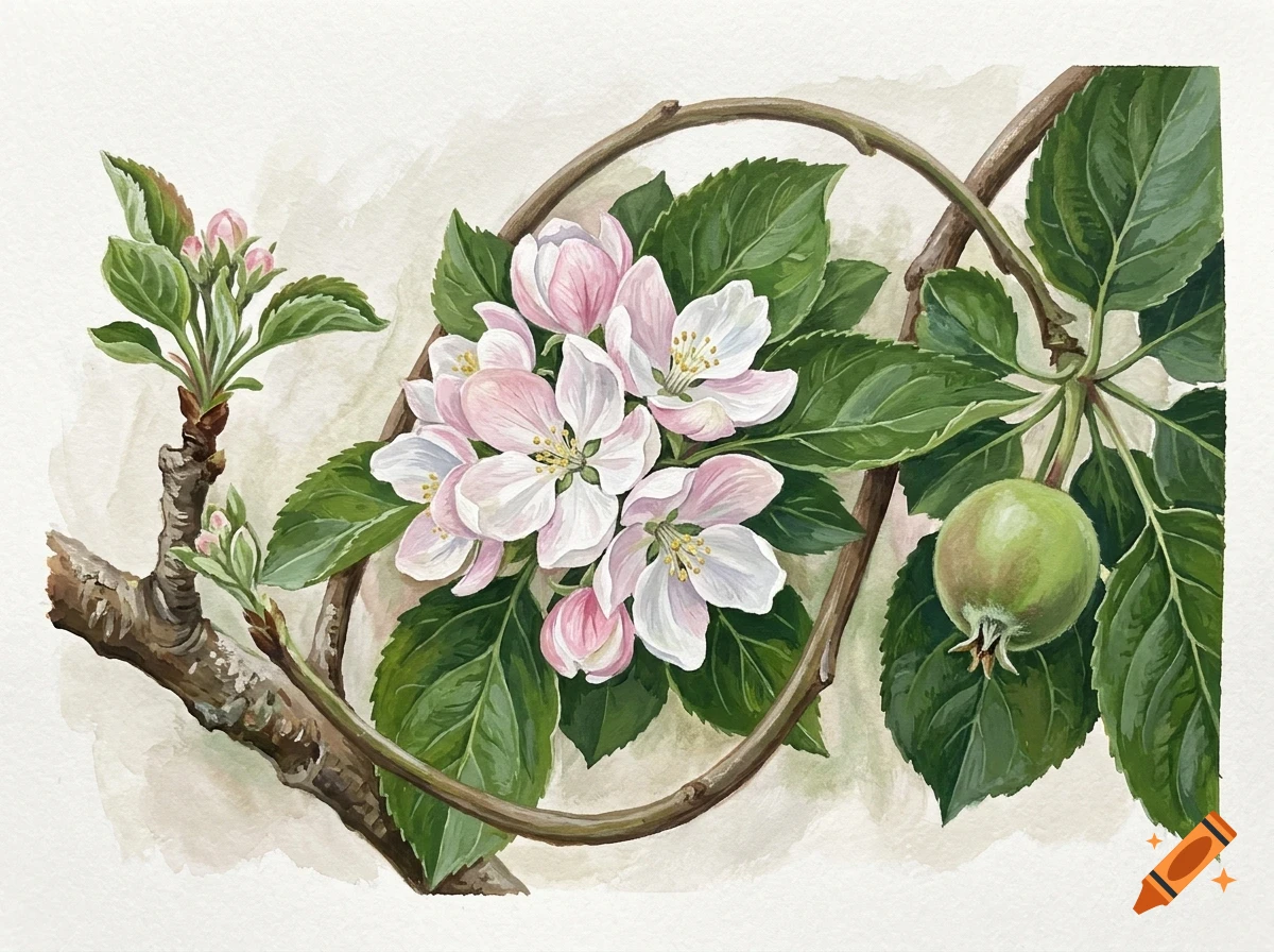 A watercolor painting of an apple tree branch with pink and white blossoms, green leaves, buds, and a small green apple.