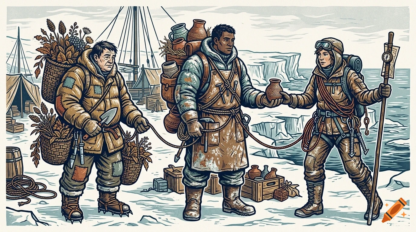 Illustration of three explorers in winter gear on an icy shore, with one handing a pot to another.