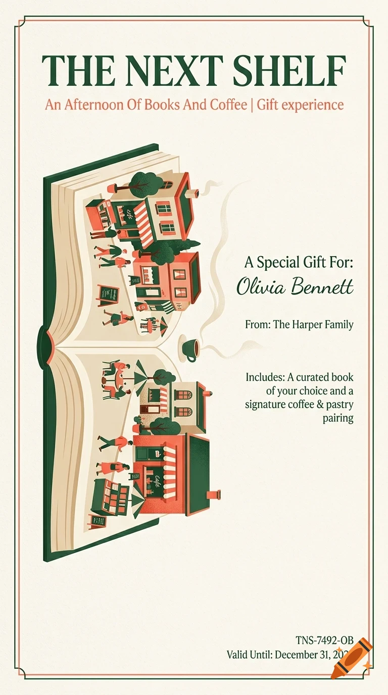 An illustration of an open book containing miniature buildings and people, with text reading The Next Shelf.