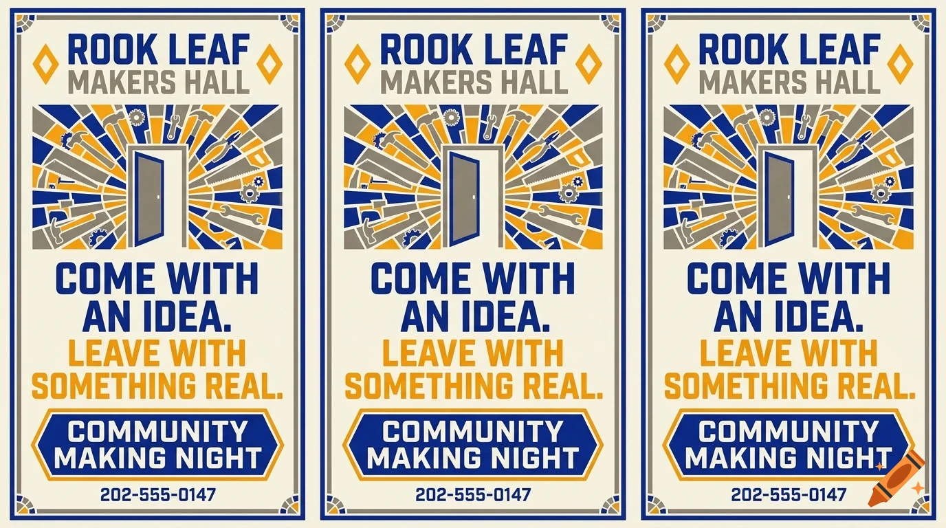 Three identical promotional posters for Rook Leaf Makers Hall featuring a stylized door, radiating tools, and text.