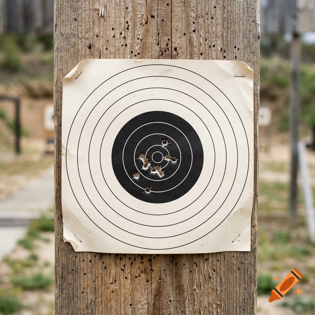 Photorealistic close-up of a paper shooting target with bullet holes, mounted on a wooden post at a firing range.