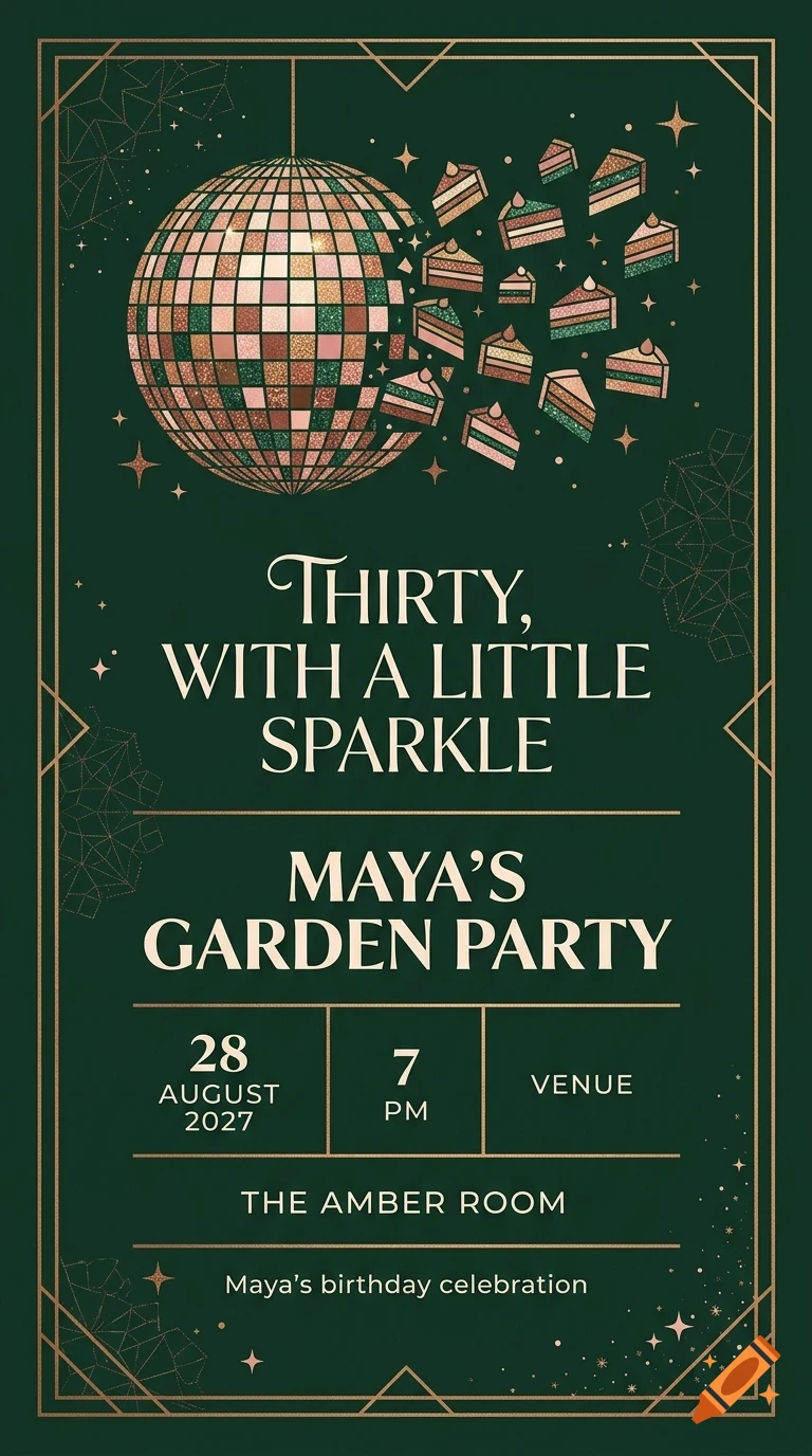 An Art Deco style birthday party invitation with a dark green background, a disco ball disintegrating into cake slices, and gold lettering.