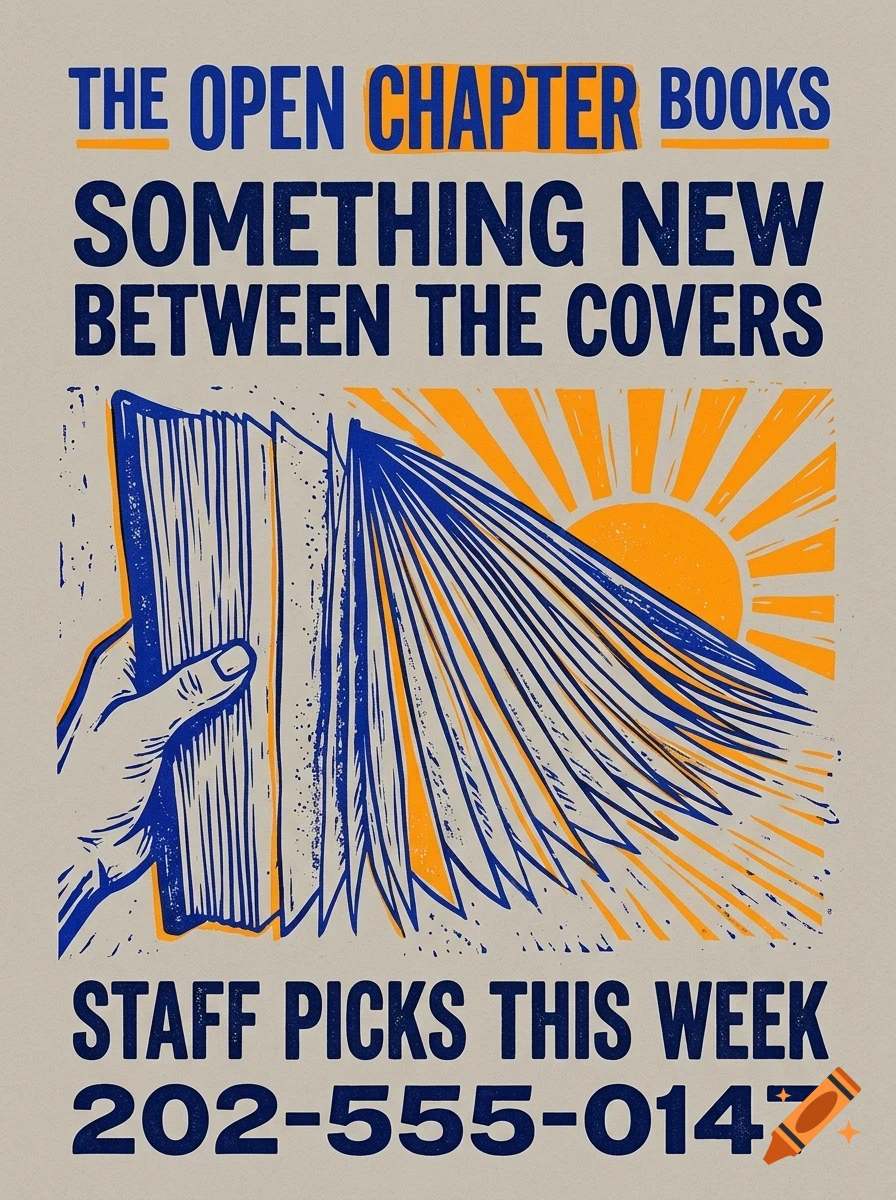 A poster featuring an illustrated hand holding an open book with fan-like pages against an orange sunburst, accompanied by bold blue text reading The Open Chapter Books, Something new between the covers, Staff picks this week, and a phone number.