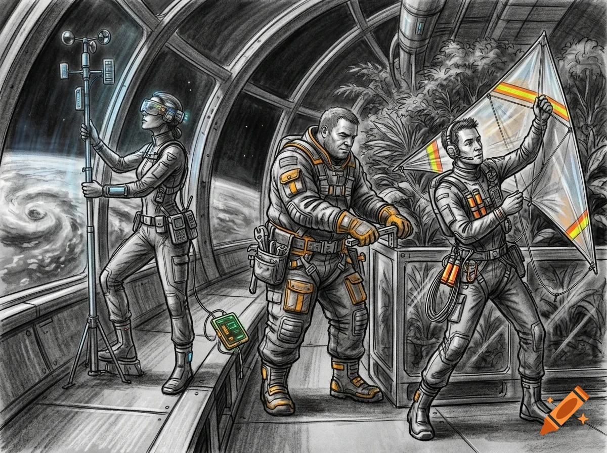An ink and pencil illustration depicting three people working inside a futuristic space station or habitat, with a person handling scientific equipment, another fixing a tool, and a third adjusting a sail-like structure near a greenhouse.