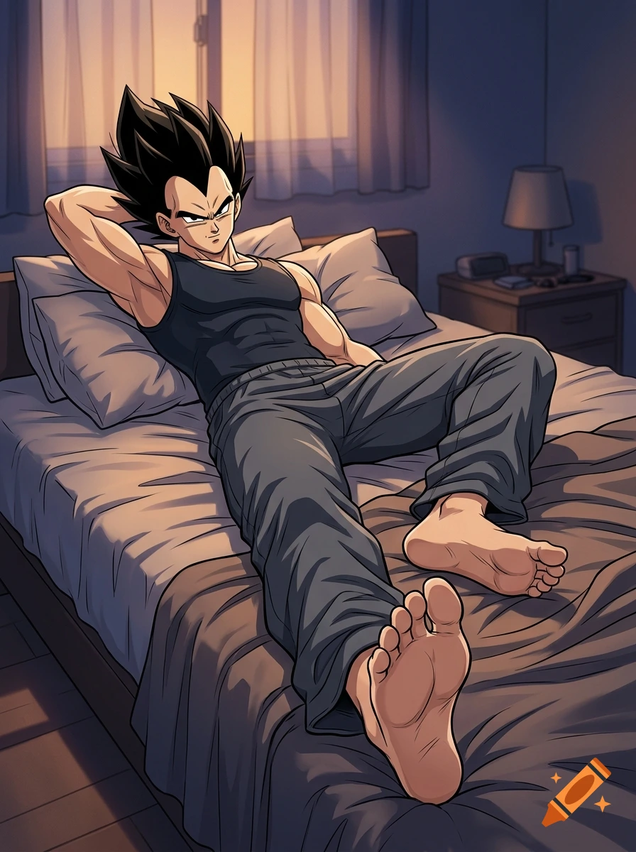 Anime style illustration of Vegeta relaxing on a bed, showing the soles of his bare feet.
