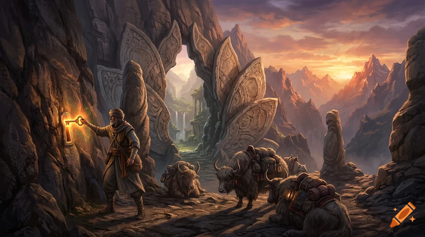 An adventurer turns a glowing key in a rock wall next to stone-carved arches, with pack animals resting nearby in a mountainous landscape at sunset.