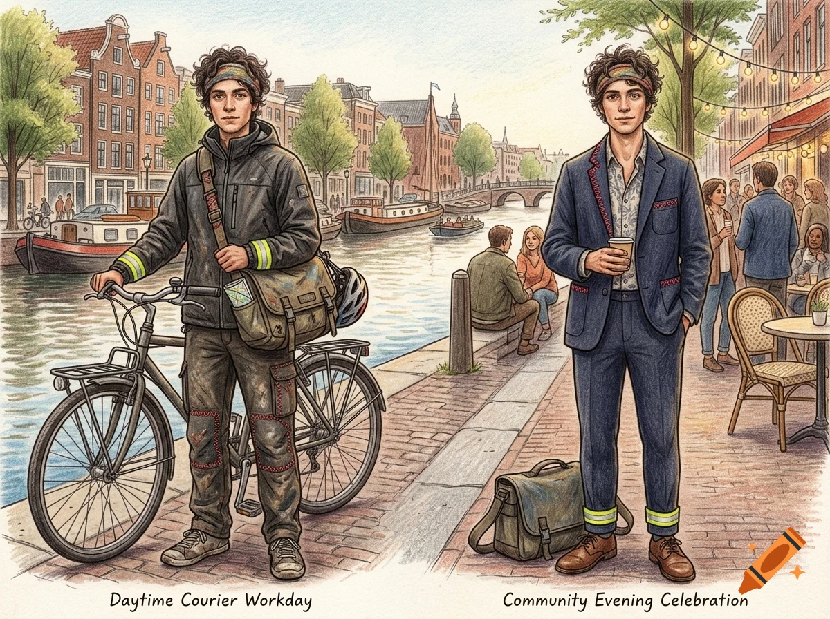An illustrated comparison of a young man as a daytime courier with a bicycle and an evening celebration attendee by a canal.