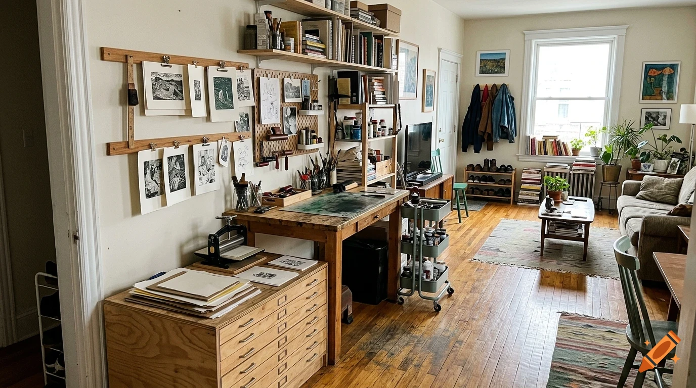 An artist's studio workspace filled with wooden furniture, shelves with books and supplies, prints hanging on a wall rail, and a living area with a sofa in the background.