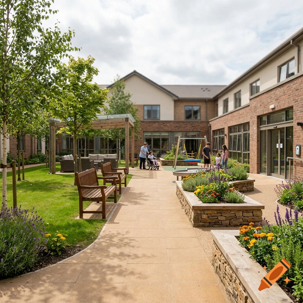 Photorealistic courtyard of a modern children's hospice with green lawn, stone pathways, wooden benches, and flowers.