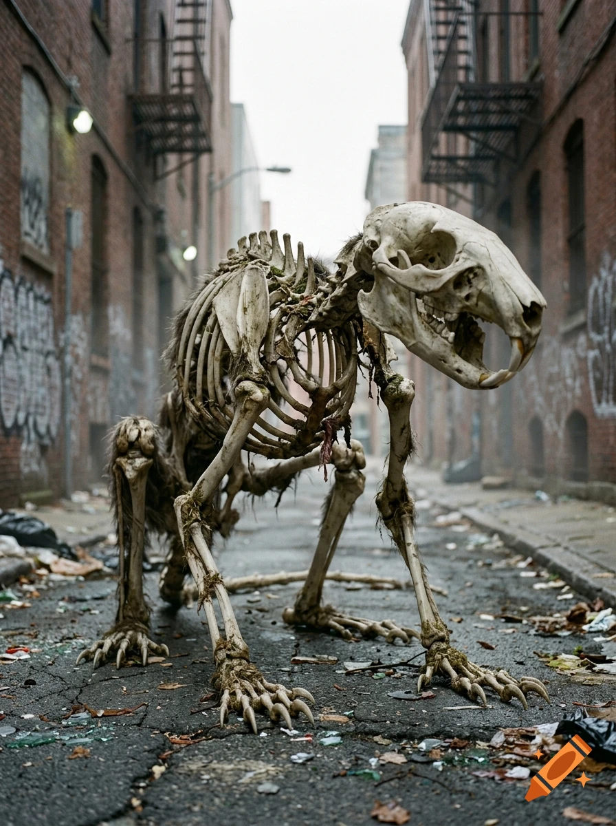 Photorealistic image of a giant rat skeleton in a gritty alleyway.