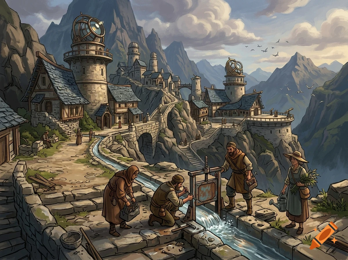 An illustrated fantasy mountain village with people working on a stone aqueduct and towers against a cloudy sky.