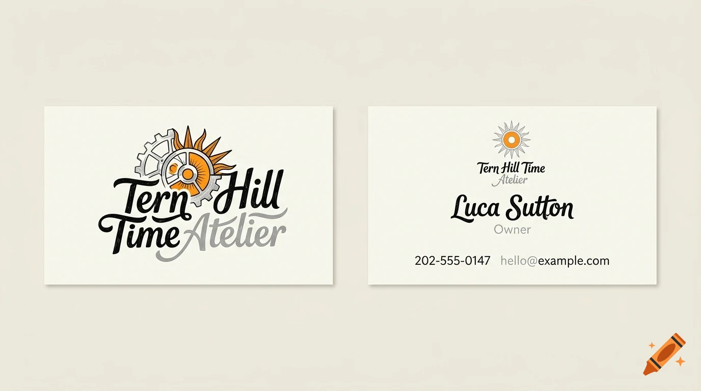 Two business card mockups for Tern Hill Time Atelier, featuring a gear and sun logo, calligraphy, and contact information.