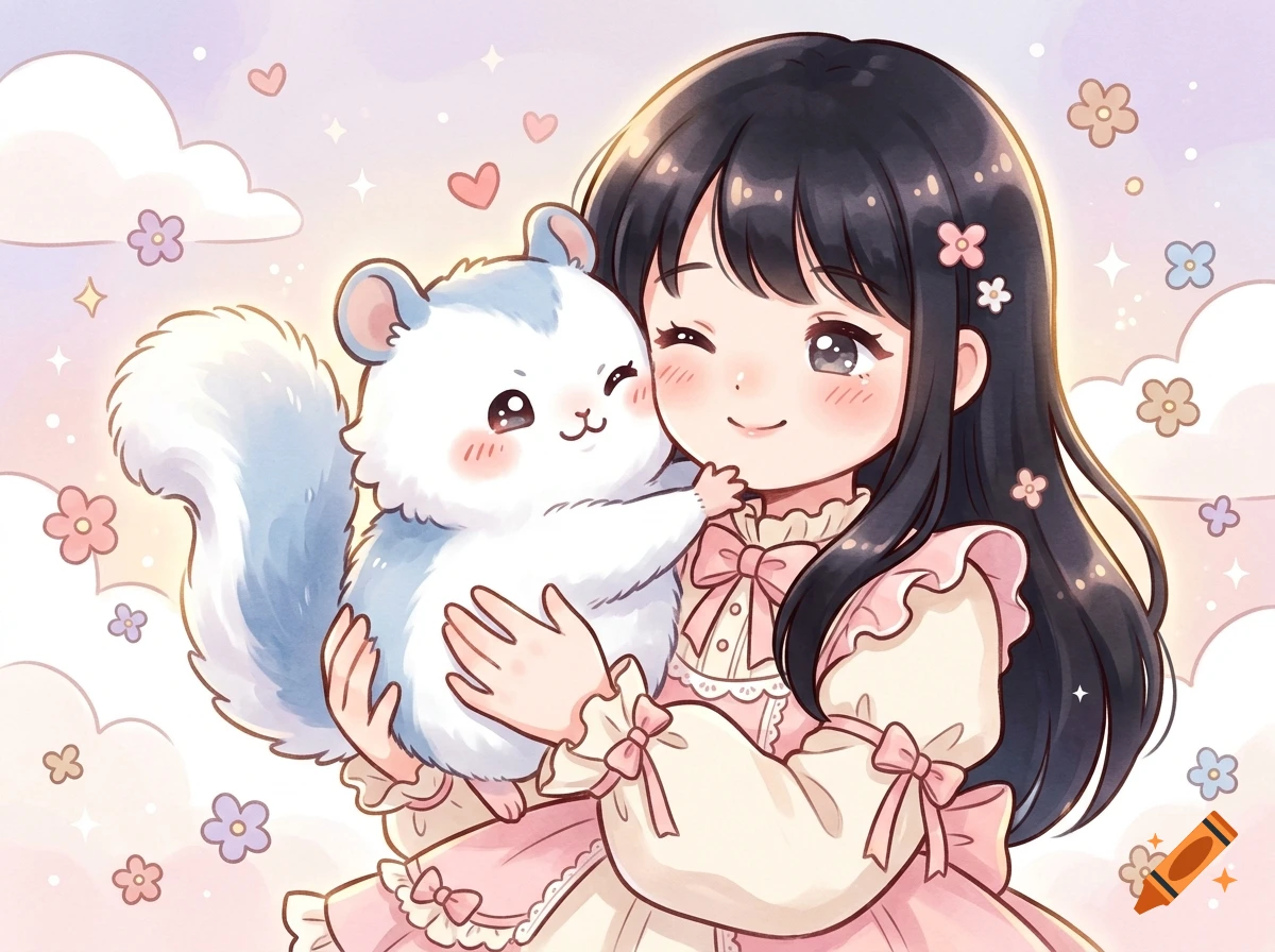 Anime style illustration of a smiling girl with black hair wearing a pink dress, hugging a fluffy white chinchilla.