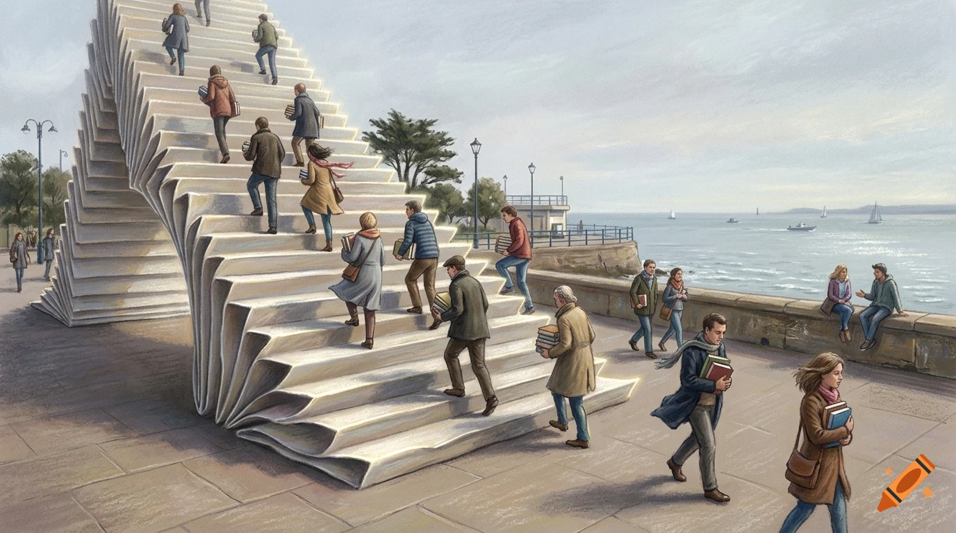 People walking up a giant staircase formed by the folded pages of an open book along a waterfront path.