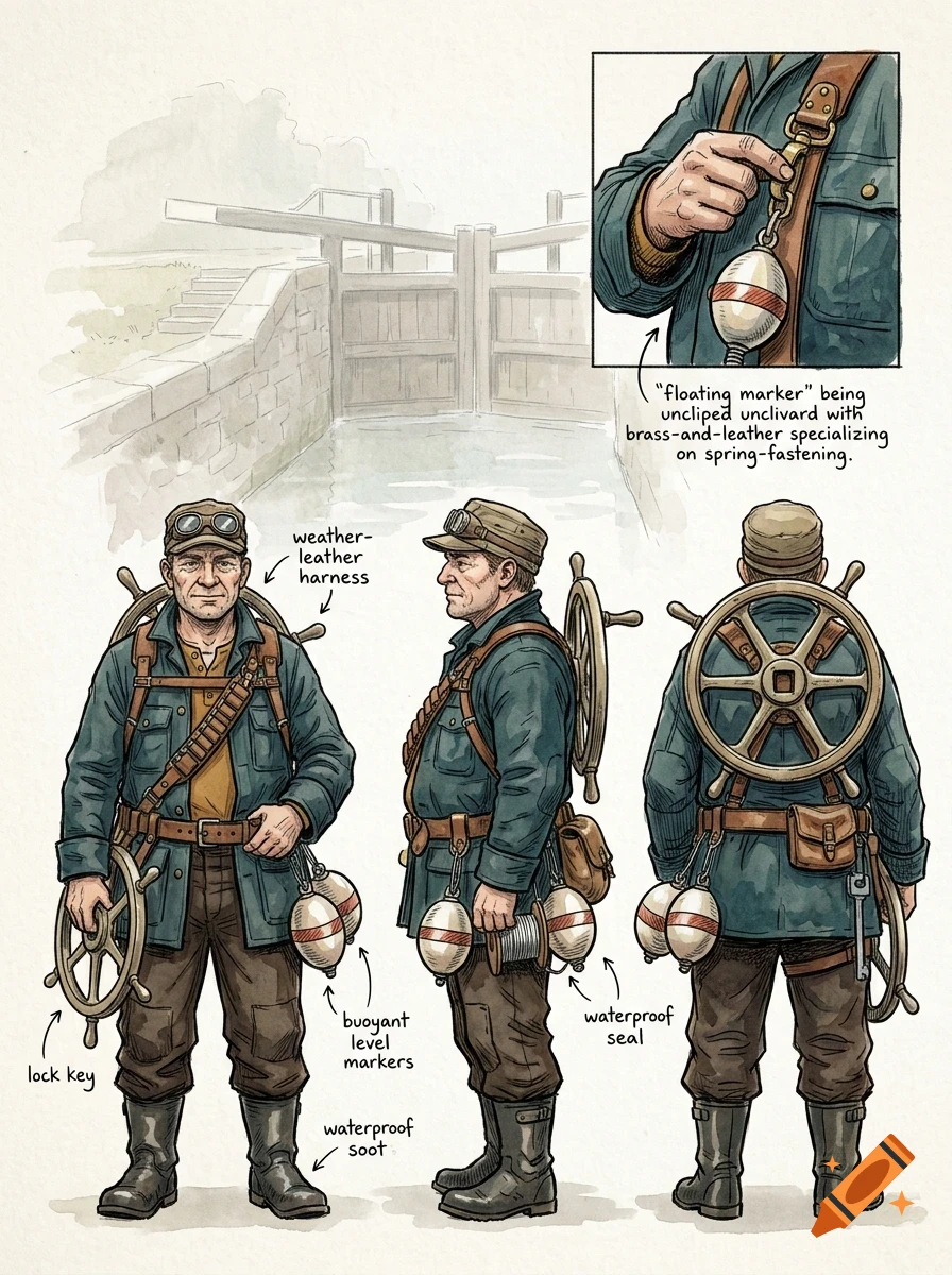 An illustrated character sheet showing multiple views of a man in work clothes, with callouts detailing his gear.