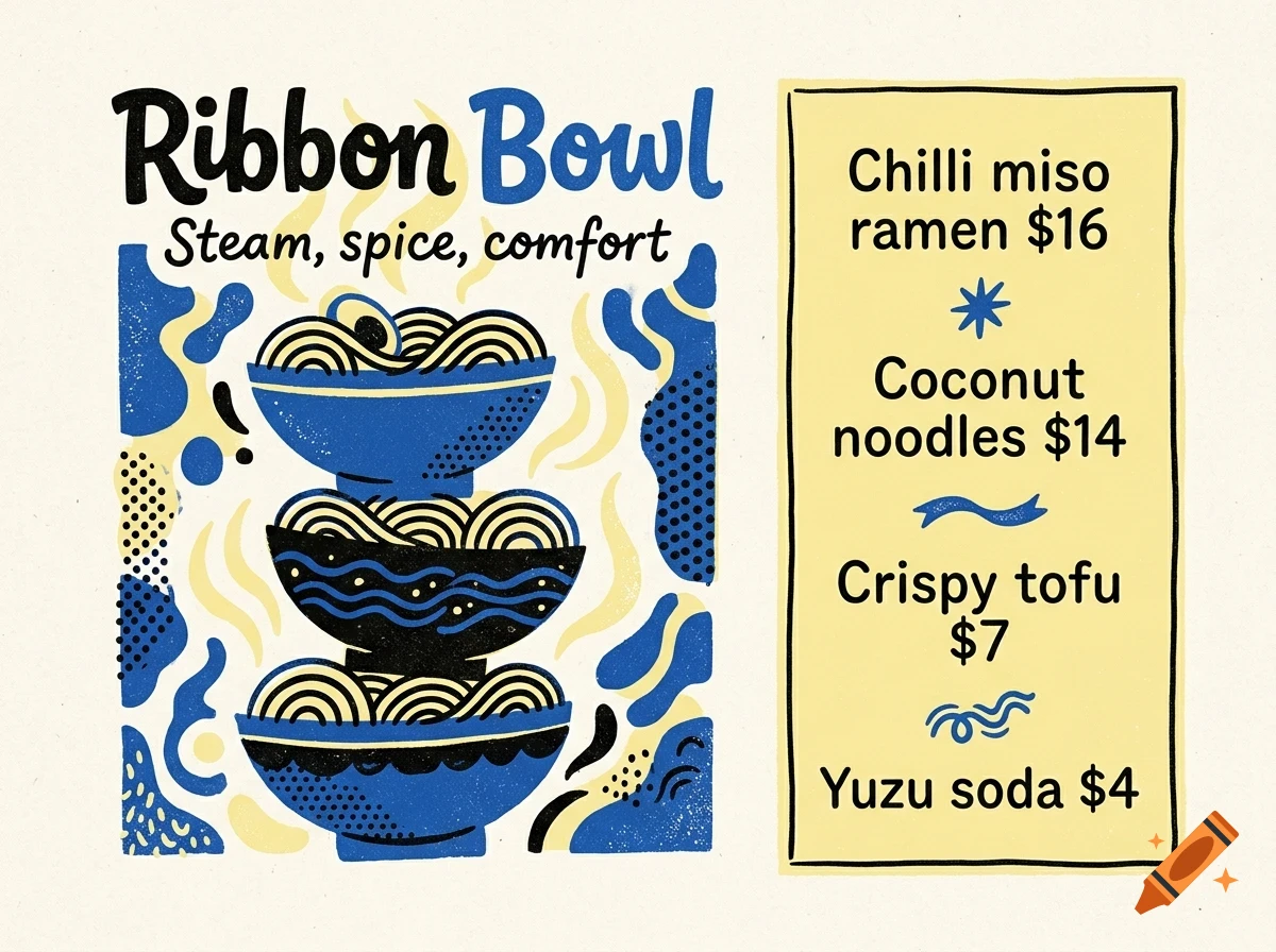 An illustrated menu for Ribbon Bowl featuring stacked bowls of noodles and text with prices.