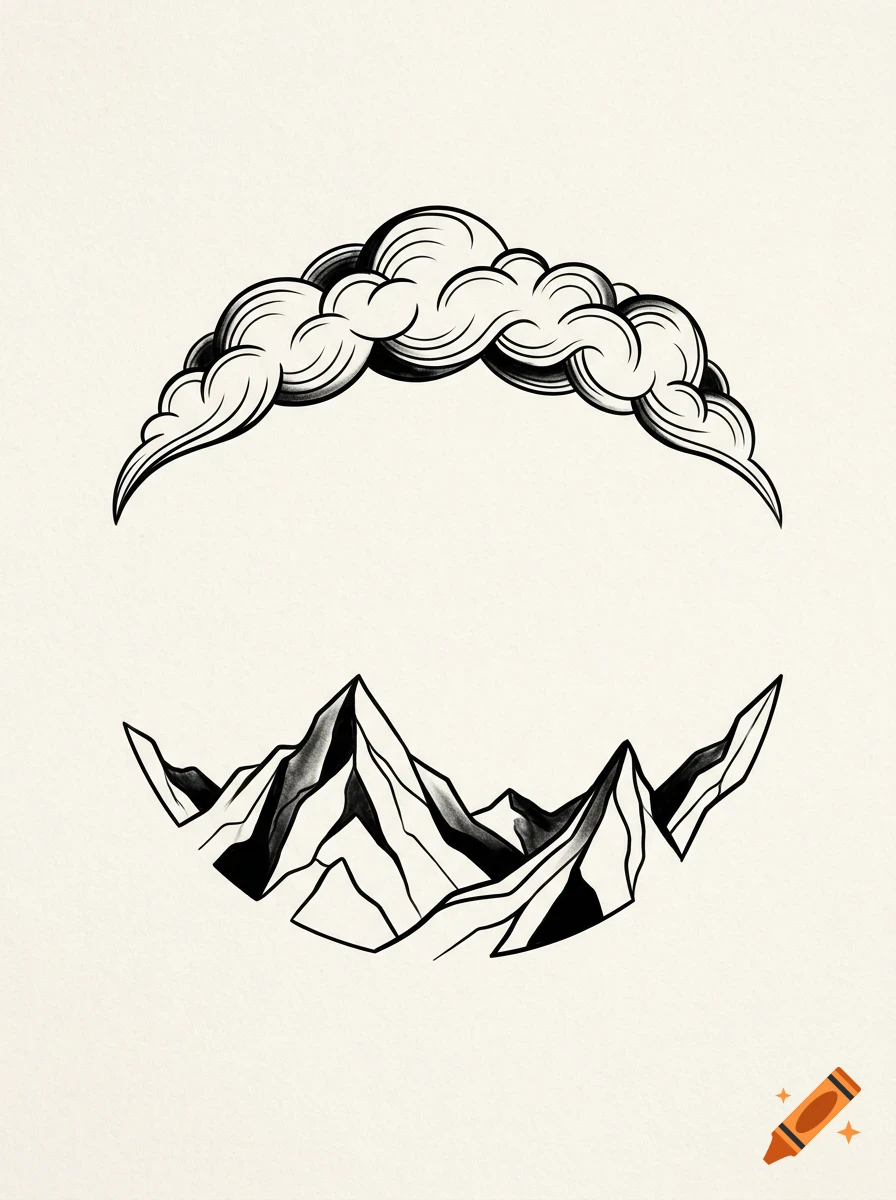 Black and white ink illustration of a jagged mountain range below a stylized cloud formation.