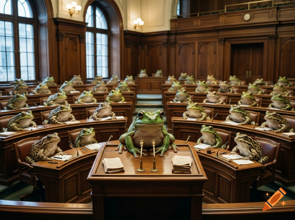 Photorealistic image of a parliament room filled with frogs sitting at wooden desks.