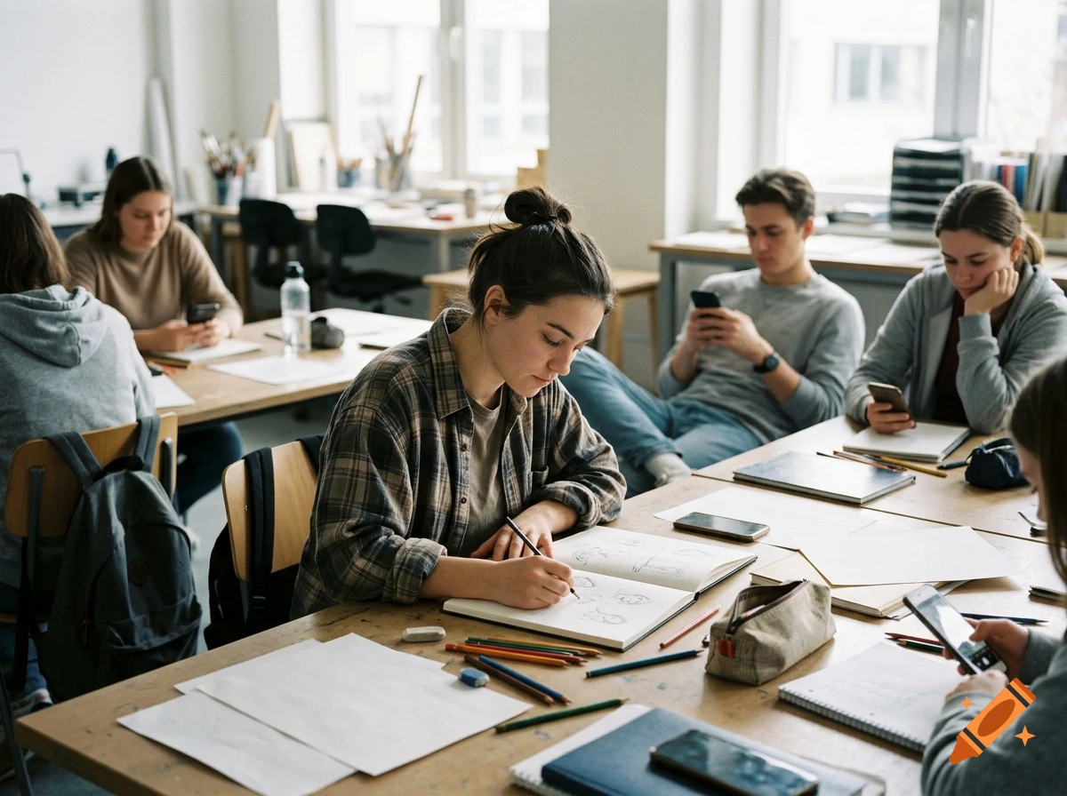 Students in a classroom working at desks while looking at their phones, with one student drawing in a sketchbook.