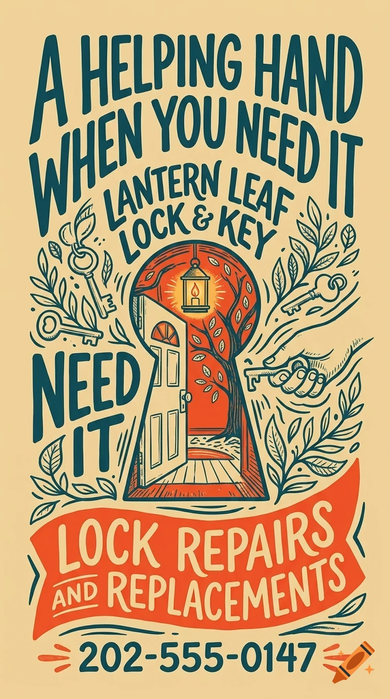 An illustrated poster advertising 'Lantern Leaf Lock & Key' with keys, foliage, a hand holding a key, and a keyhole framing an open door and lit lantern.