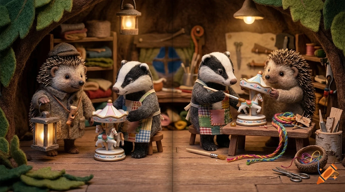 Felt-crafted hedgehogs and badgers working inside a cozy, warmly lit woodland burrow workshop, painting toy carousels.