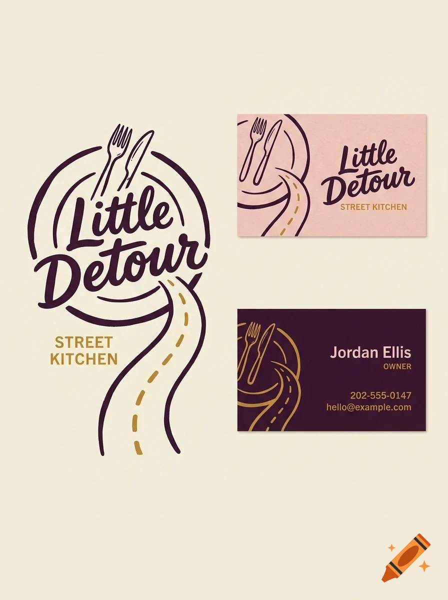 Branding design mockup featuring a logo with a plate, fork, knife, and winding road, along with business cards displaying the text Little Detour Street Kitchen.