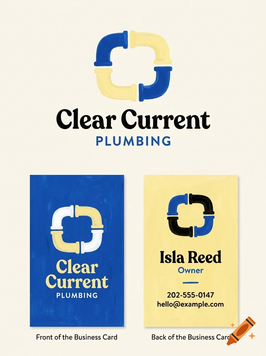 A branding mockup for Clear Current Plumbing, featuring a logo with blue and yellow pipes forming a square, business cards, and contact info.